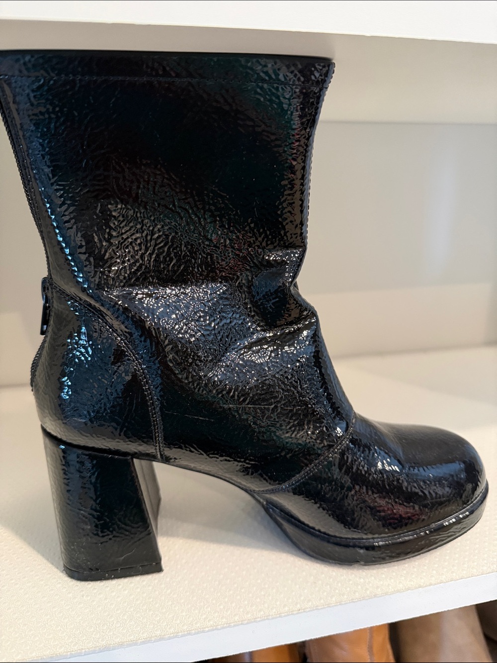 Black Patent Mid-Calf Block Heel Boots